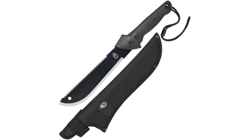 Gerber Gator Machete Jr Fixed Blade Knife, 18.75in Overall, 10.75in Black Sawback High Carbon SS Blade, Black Rubber Handle, Gatorgrip Handle, Black Nylon, Boxed w/Hanging Tab, Black, 30-001318CN