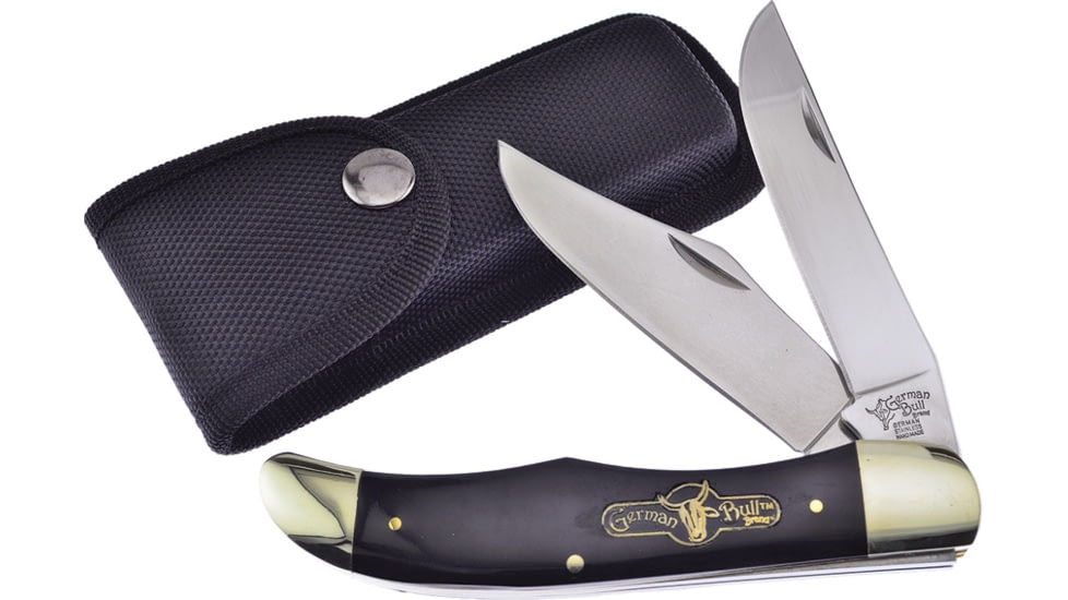 German Bull Folding Hunter Buffalo Horn Folding Knife, Mirror SS Clip And Skinner Blades, Buffalo Horn Handle, Black Nylon Sheath, GB-069BH