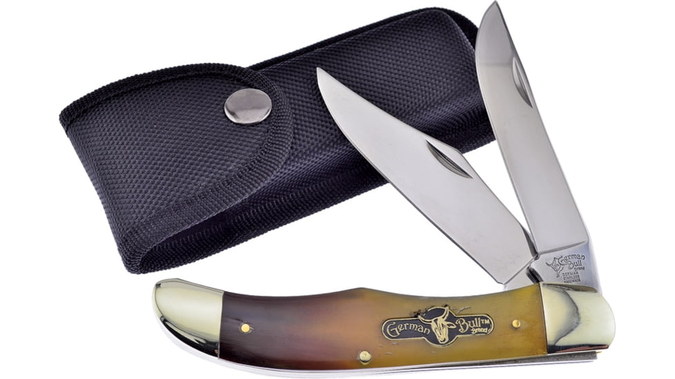 German Bull Folding Hunter Ox Horn Folding Knife, Mirror SS Clip And Skinner Blades, Ox Horn Handle, Black Nylon Sheath, GB-069OX
