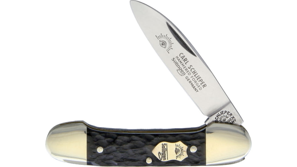 German Eye Canoe 1 Blade Folding Knife, Mirror Solingen Steel Spear Blade, Black Jigged Bone Handle, Blade Etching, SMBB 1 BLADE