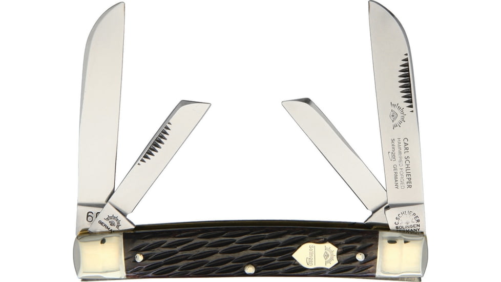 German Eye Congress Jigged Bone Folding Knife, Mirror Solingen Steel Twin Sheepsfoot And Twin Coping Blades, Brown Jigged Bone Handle, Brown, 60 CONGRESSMESSER NR. 60