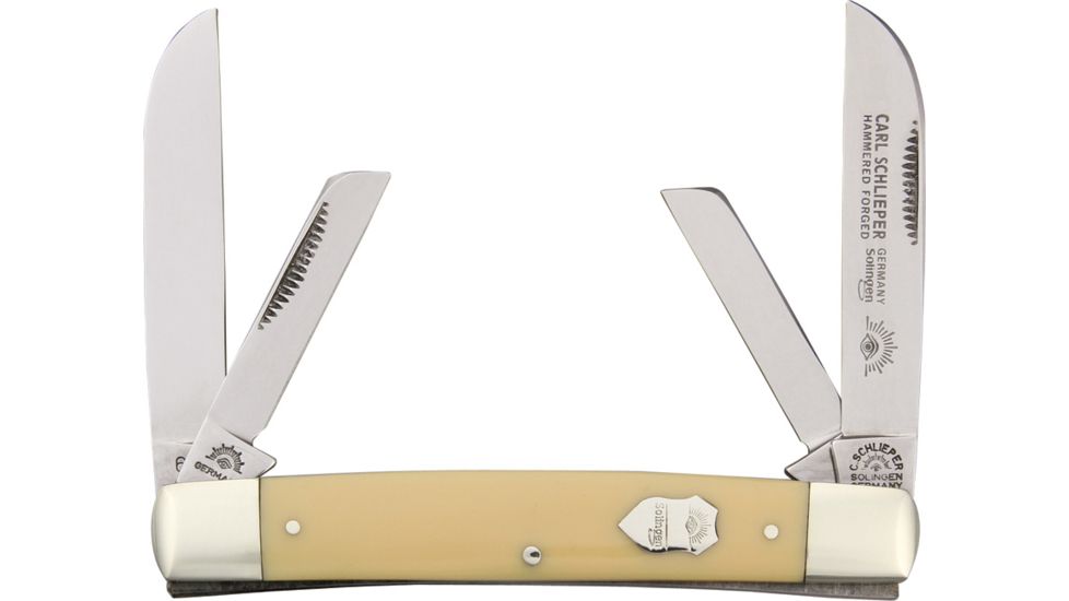German Eye Four Blade Congress Folding Knife,4in closed,Solingen Steel Blade, Yellow Celluloid Handle GE60Y