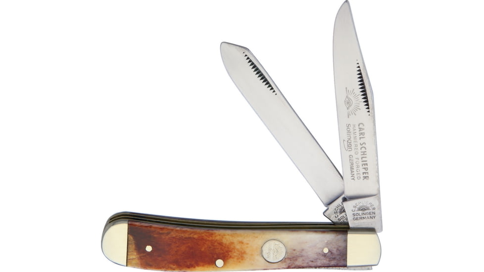 German Eye Slim Trapper Folding Knife, Mirror SS Clip/ Spey Blades, Brown Smooth Bone Handle, Nickel Silver Bolster, Inlay Shield, Blade Etching, Brown, 20 BROWN BONE