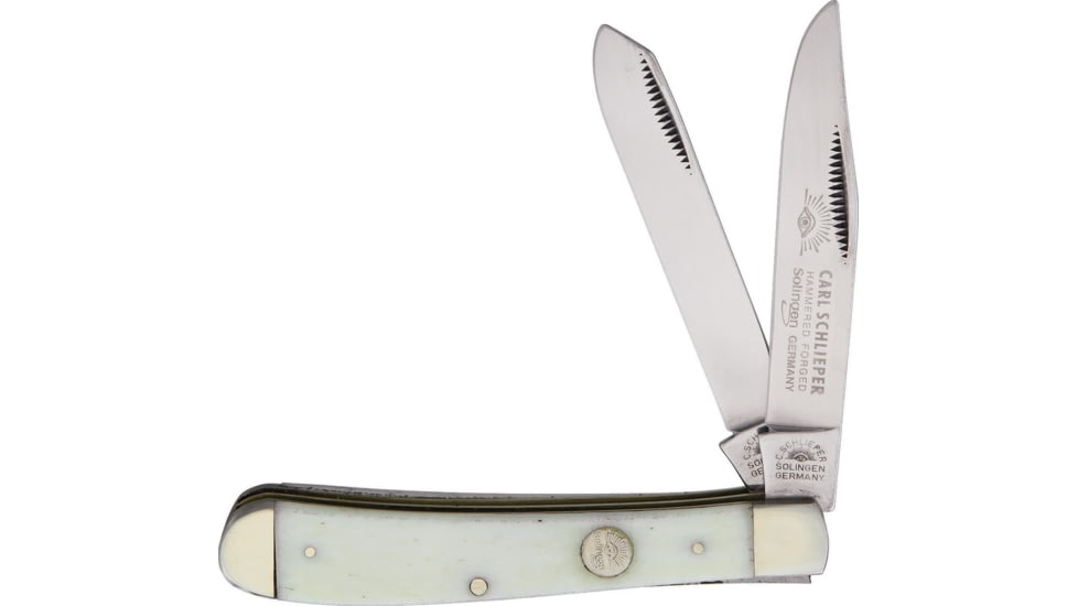 German Eye Slim Trapper White Bone Folding Knife, Mirror SS Clip/ Spey Blades, White Smooth Bone Handle, Nickel Silver Bolster, Inlay Shield, Blade Etching, White, 20 WHITE BONE