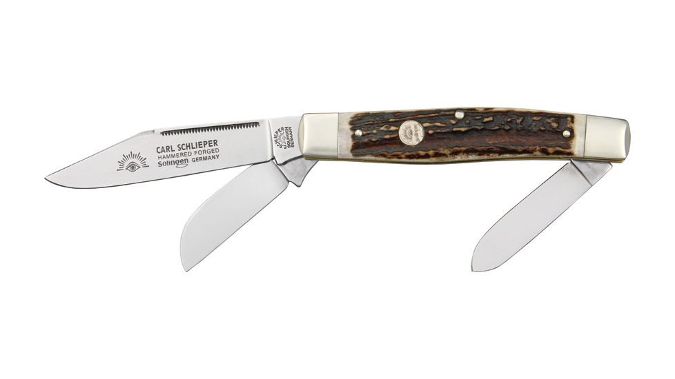 German Eye Stockman Folding Knife,Clip/Spey/Sheepsfoot Blade, Genuine Stag Handle GE425DS