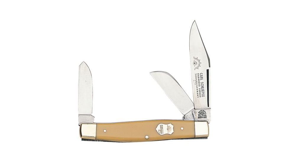 German Eye Stockman Folding Knife,Clip/Spey/Sheepsfoot Blade, Yellow Celluloid Handle GE425Y