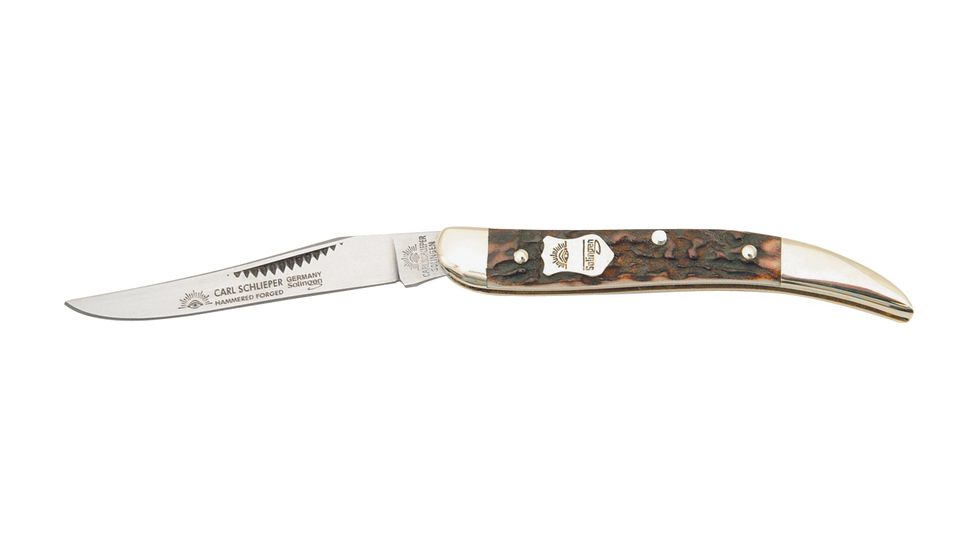 German Eye Toothpick Folding Knife,Solingen Long Clip Blade, Genuine Deer Stag Handle GETPDS