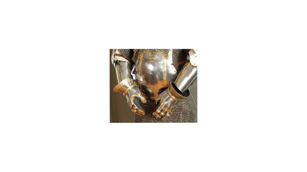 Get Dressed For Battle Gauntlets, Set Of Two, Steel Construction Bordered w/Decorative Etched Brass Strips, Leather Interior Glove, Each 10 1/2in Long, AB0077