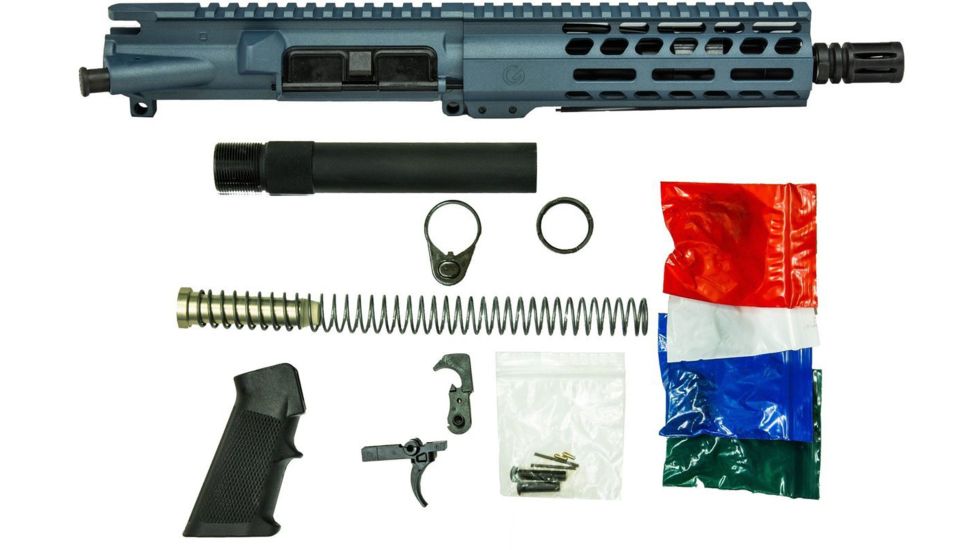Ghost Firearms Upper Receiver, Pistol Lower Parts Kit, 5.56mm, 7.5in, Pistol , 4150  Moly Steel Barrel, 1-7 Twist, 7in M-LOK Free Float Hand Guard, A2 Flash Hider, Blue Titanium, GF75E7GFR556BT-KIT