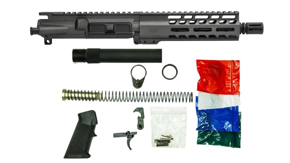 Ghost Firearms Complete Upper Receiver, Pistol Lower Parts Kit, 9mm, 7.5in, Pistol Length, 4150 Chrome Moly Steel Barrel, 1-10 Twist, 7in M-LOK Rail, A2 Flash Hider, Tungsten Gray, GF75E7GFR9MMTG-KIT