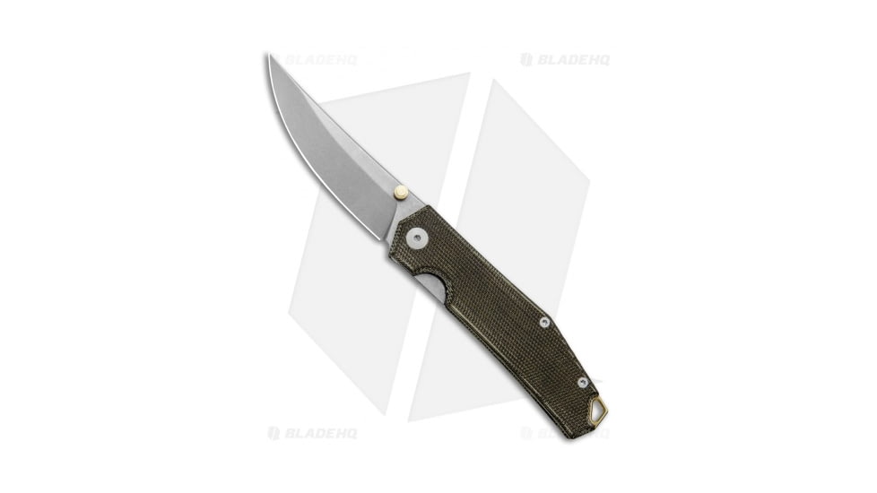 GiantMouse Vox/Anso ACE Clyde Folding Knife, 3.00in, ELMAX, Trailing Point Blade, Micarta, Green Handle, Brass, Stonewash, Green/Gray, 7.00 inch, BHQ-120885