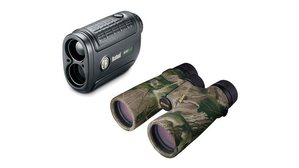 2-PC Nikon Hunting Gift Package - Bushnell RealTree AP Scout 1000 ARC Laser Rangefinder, Nikon Monarch 10x42 Bino CAMO 7435