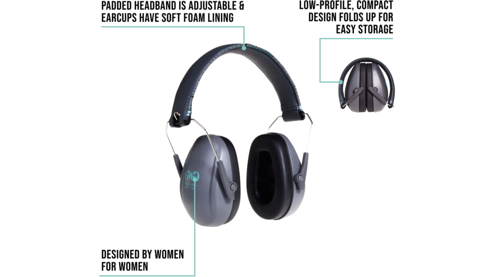 Girls With Guns Assure Low-Profile Earmuffs, 23 dB NRR, ANSI S3.19 &amp; CE EN352-1 Hearing Protection Rated, Gray/Teal/Black, One Size, 2319
