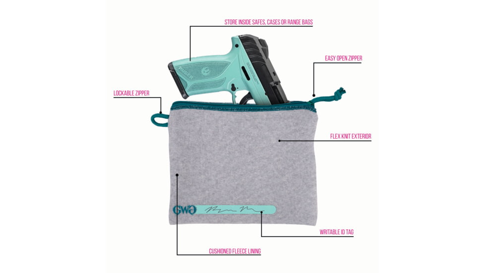 Girls With Guns Knit Fabric Handgun Storage Pouch w/Writable ID Label, Lockable Keyring, Zipper Closure, 7x9in, Fleece Lining, Full Size Interior, Gray/Blue Accents, 9074