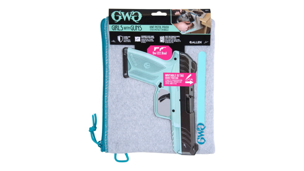 Girls With Guns Knit Fabric Handgun Storage Pouch w/Writable ID Label, Lockable Keyring, Zipper Closure, 7x9in, Fleece Lining, Full Size Interior, Gray/Blue Accents, 9074
