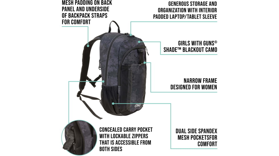 Girls With Guns Midnight Deluxe Backpack w/ Lockable Concealed Carry, Black/Shade Blackout Camo, 10 in x 19 in x 7.5 in, 70637