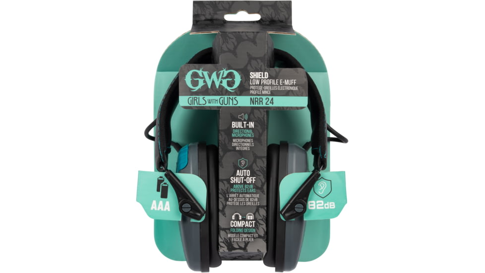 Girls With Guns Shield Low-Profile Electronic Earmuffs, 24 dB NRR, ANSI S3.19 &amp; CE EN352-1 Hearing Protection Rated, Gray/Teal/Black, One Size, 2348