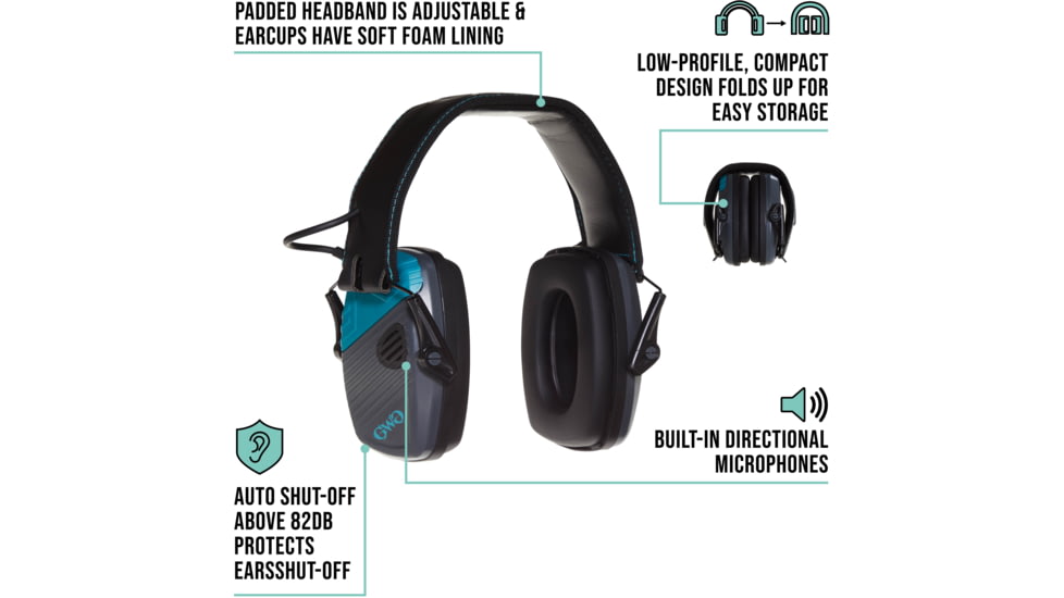 Girls With Guns Shield Low-Profile Electronic Earmuffs, 24 dB NRR, ANSI S3.19 &amp; CE EN352-1 Hearing Protection Rated, Gray/Teal/Black, One Size, 2348
