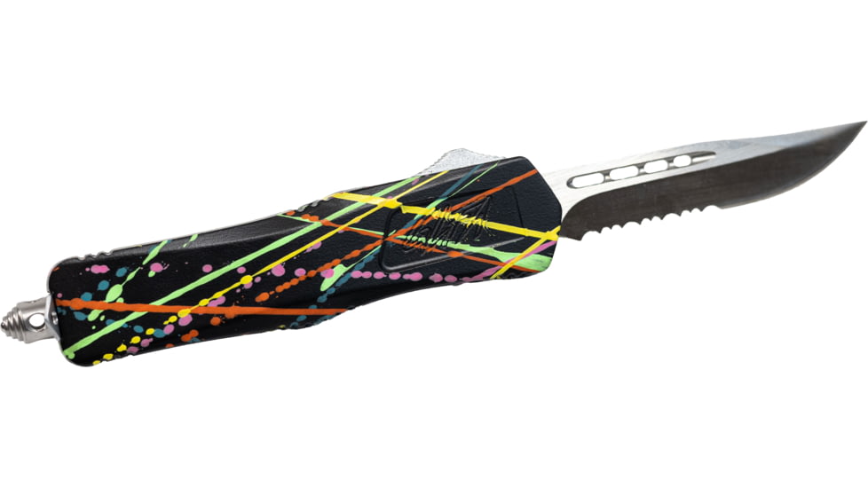 GLFA Spring Assisted OTF Knife, Serrated Blade, Black Splatter, 7", GL-KSM-SRT S-BLK