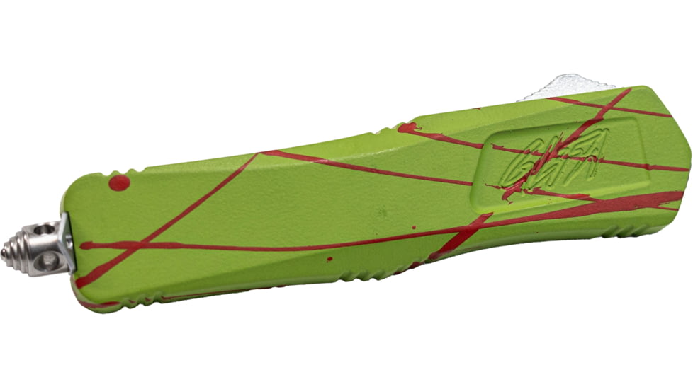 GLFA Spring Assisted OTF Knife, Serrated Blade, Green with Orange Splatter, 8", GL-KMD-SRT S-ZOM