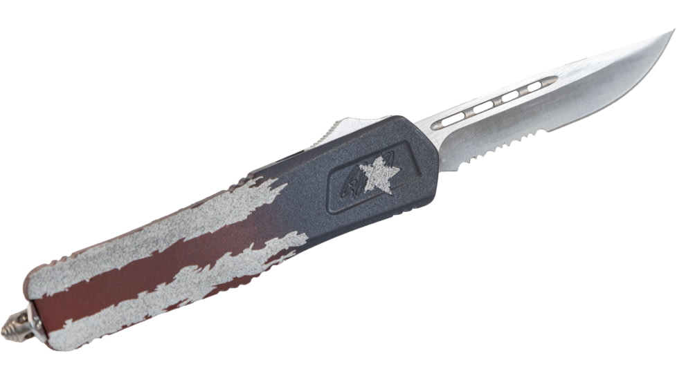 GLFA Spring Assisted OTF Knife, Serrated Blade, Red White and Blue, 8", GL-KMD-SRT F-AMF