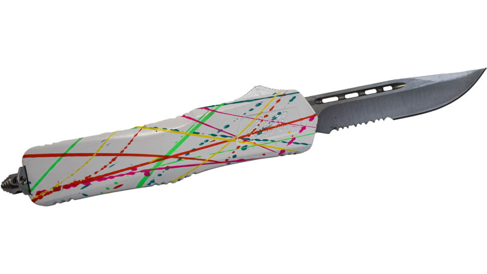 GLFA Spring Assisted OTF Knife, Serrated Blade, White Splatter, 7", GL-KSM-SRT S-WHT