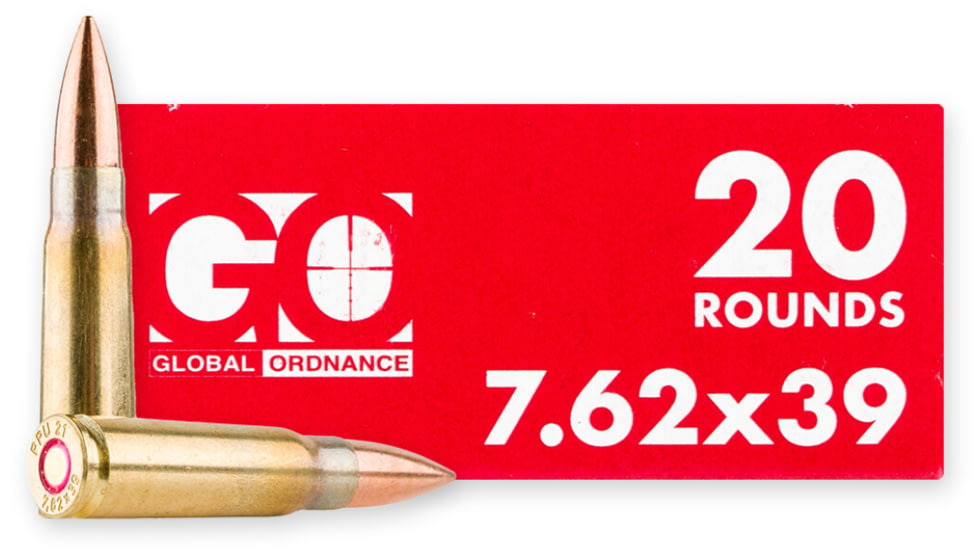 Global Ordnance 7.62x39mm 123 Grain Full Metal Jacket Brass Cased Rifle Ammo, 1000 Rounds, 850003223339