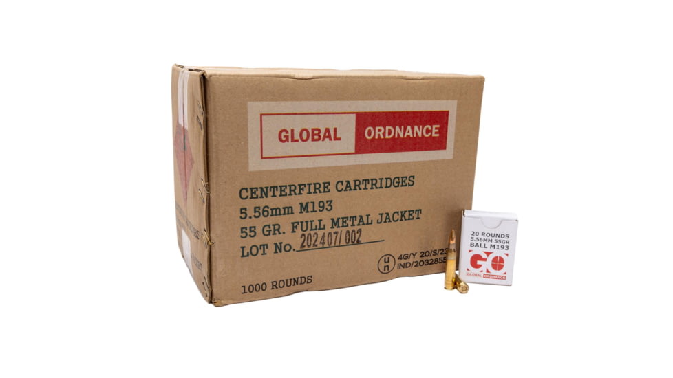 Global Ordnance Global Ordnance M193 Rifle Ammunition 5.56X45 NATO 55gr FMJ 3162 fps 1000/ct Case 50-20/ct, 850003223353