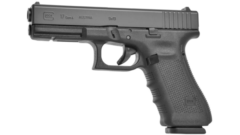 Glock 17 Gen4 Pistol, 9mm Luger, 4.49in barrel, black polymer frame, integrated polymer grip, recoil operated semi-automatic, fixed, white dot front, white square U rear, 17 round magazine, G17 Gen4-FRRMPG