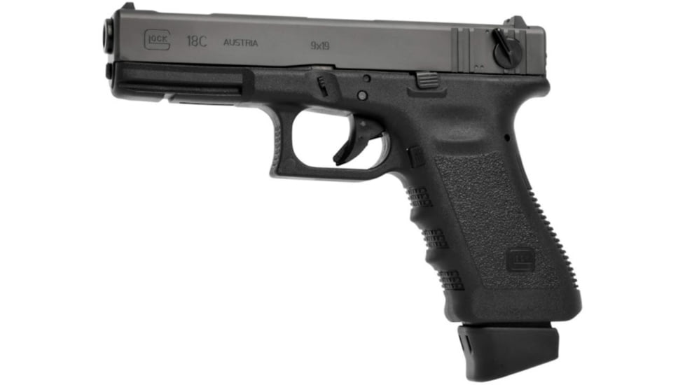 Glock 18C Pistol, 9mm Luger, 4.49in barrel, polymer frame, integrated polymer grip, selective-fire auto/semi-auto, fixed, white dot front, white square U rear, 17 round magazine, G18C-FRRMPG