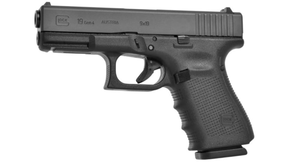 Glock 19 Gen4 Pistol, 9mm Luger, 4.01in barrel, black polymer frame, integrated polymer grip, recoil operated semi-automatic, fixed, white dot front, white square U rear, 15 round magazine, G19 Gen4-FRRMPG