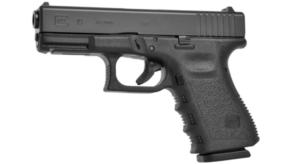 Glock 19 Pistol, 9mm Luger, 4.01in barrel, polymer frame, integrated polymer grip, recoil operated semi-automatic, fixed, white dot front, white square U rear, 15 round magazine, G19-FRRMPG