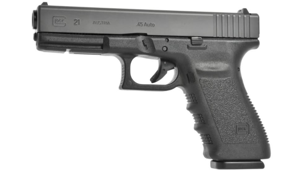 Glock 21SF Pistol, .45 ACP, 4.6in barrel, polymer frame, integrated polymer grip, recoil operated semi-automatic, fixed, white dot front, white square U rear, 13 round magazine, G21SF-FRRMPG