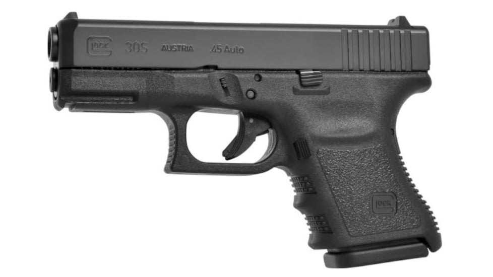 Glock 30S Pistol, .45 ACP, 3.78in barrel, polymer frame, integrated polymer grip, recoil operated semi-automatic, fixed, white dot front, white square U rear, 10 round magazine, G30S-FRRMPG