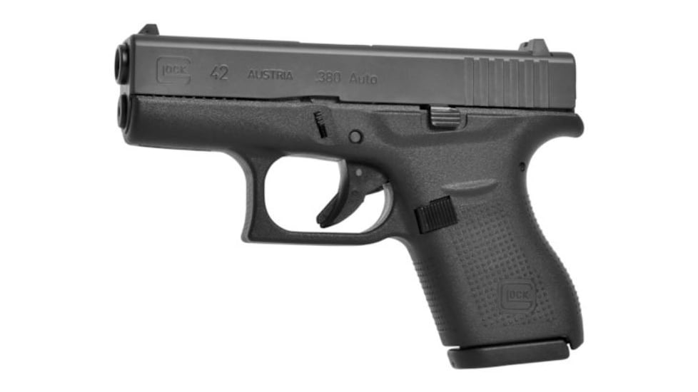 Glock 42 Pistol, .380 ACP, 3.2in barrel, polymer frame, integrated polymer grip, recoil operated semi-automatic, fixed, white dot front, white square U rear, 6 round magazine, G42-FRRMPG