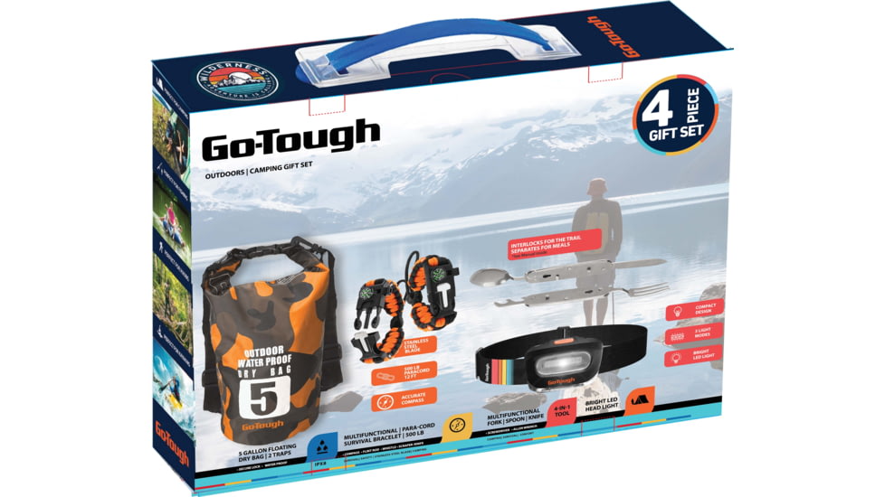 Go-Tough 4 Piece Camping Gift Set - Drybag, Para Cord, Headlamp, Fork/Spoon/Knife, Multicolor, Small, GT7081