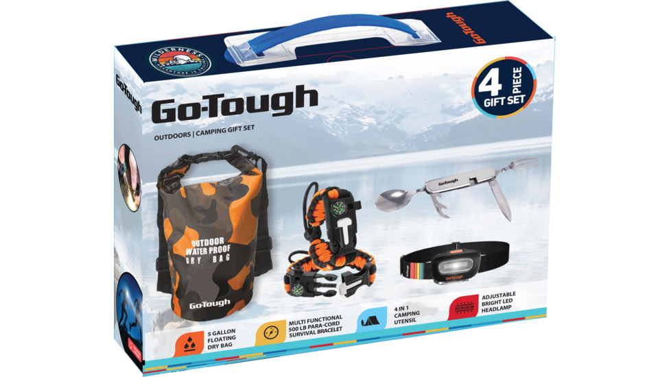 Go-Tough 4 Piece Camping Gift Set - Drybag, Para Cord, Headlamp, Fork/Spoon/Knife, Multicolor, Small, GT7081