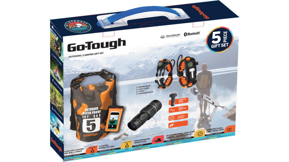 Go-Tough 5 Piece Camping Gift Set - Phone Pouch, Dry Bag, Watch, Monocular, Fork/Spoon/Knife, Multicolor, Small, GT7084