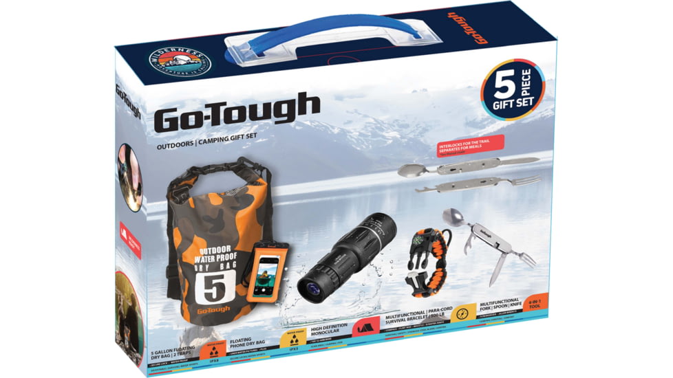 Go-Tough 5 Piece Camping Gift Set - Phone Pouch, Dry Bag, Watch, Monocular, Fork/Spoon/Knife, Multicolor, Small, GT7084