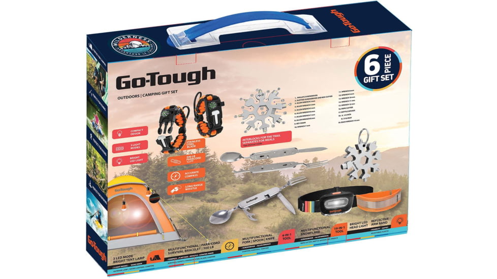 Go-Tough 7 Piece Camping Gift Set-Multi - Multi- Tool, Head Lamp, Tent Lamp, Bag, Fork/Spoon/Knife, Armband, Watch, Multicolor, Small, GT7001