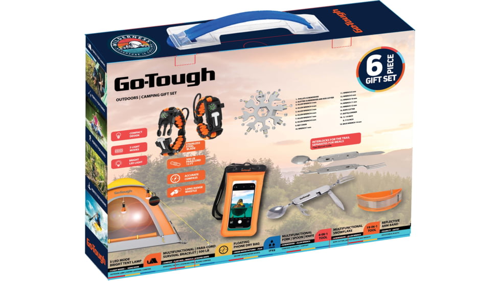 Go-Tough 7 Piece Camping Gift Set - Phone Pouch, Fork/Spoon/Knife, 3 Led Tent Bulb, Watch, Arm Bands, Multi Tool, Multicolor, Small, GT7080