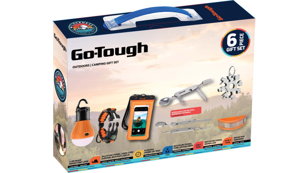 Go-Tough 7 Piece Camping Gift Set - Phone Pouch, Fork/Spoon/Knife, 3 Led Tent Bulb, Watch, Arm Bands, Multi Tool, Multicolor, Small, GT7080