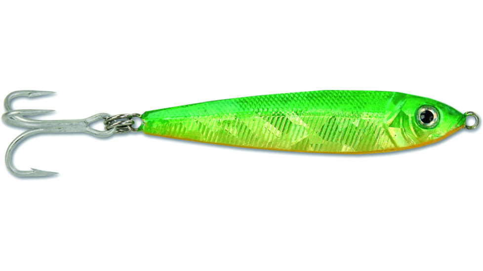 GOT-CHA Jigfish Lure, 2in 1/2 oz, Number 8 Treble Hook Green/Chartreuse/Orange, JF12-GCO