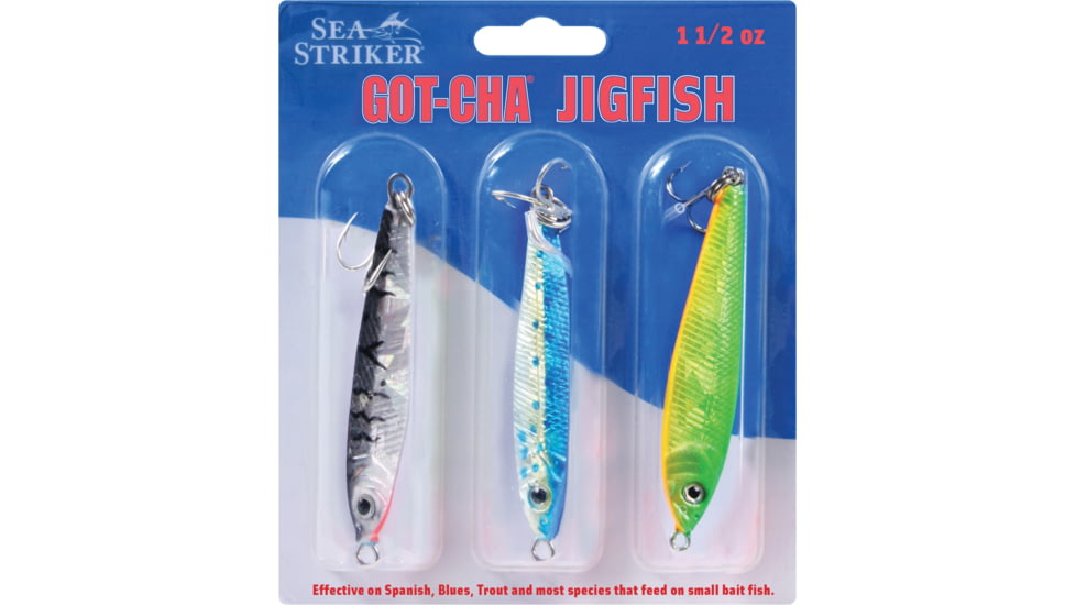 GOT-CHA Jigfish Lure, 3in 1 1/2 oz, Sz 4 Treble Hook, 3 per Pack, Includes JF15-BTS, JF15-BYS, JF15-GCO, JF15-3PK