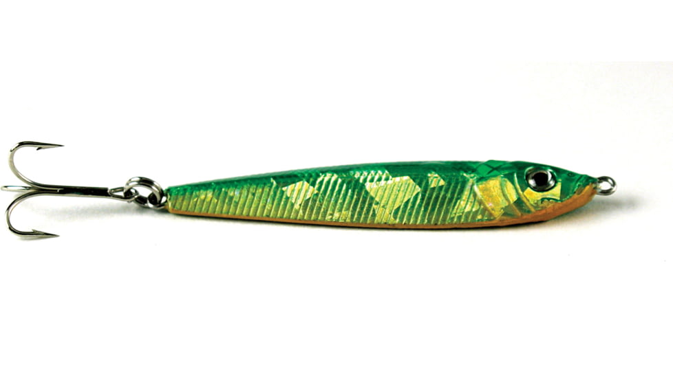 GOT-CHA Jigfish Lure, 3in 1 1/2 oz, Sz 4 Treble Hook Green/Chartreuse/Orange, JF15-GCO
