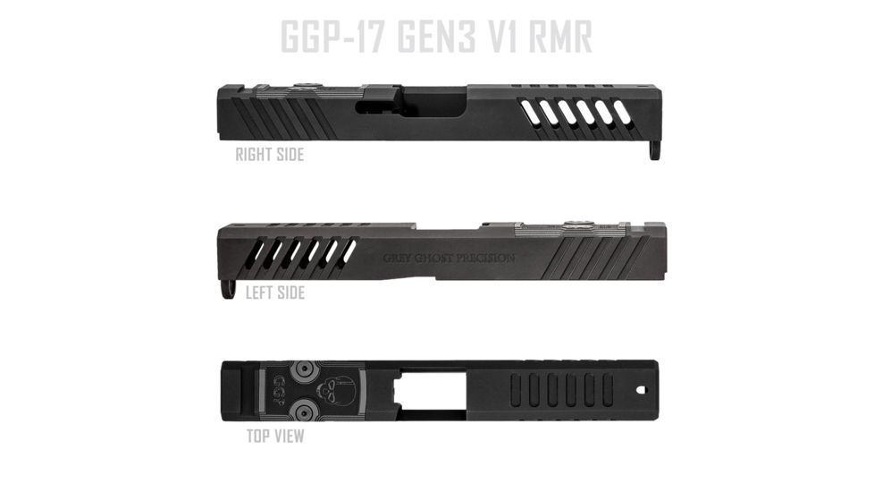 Grey Ghost Precision Glock 17 Gen3 Stripped Slide, RMR Cut, Version 1 - Angled Serration Pattern, 17-4 SS, Black, GGP-17-3-RMR