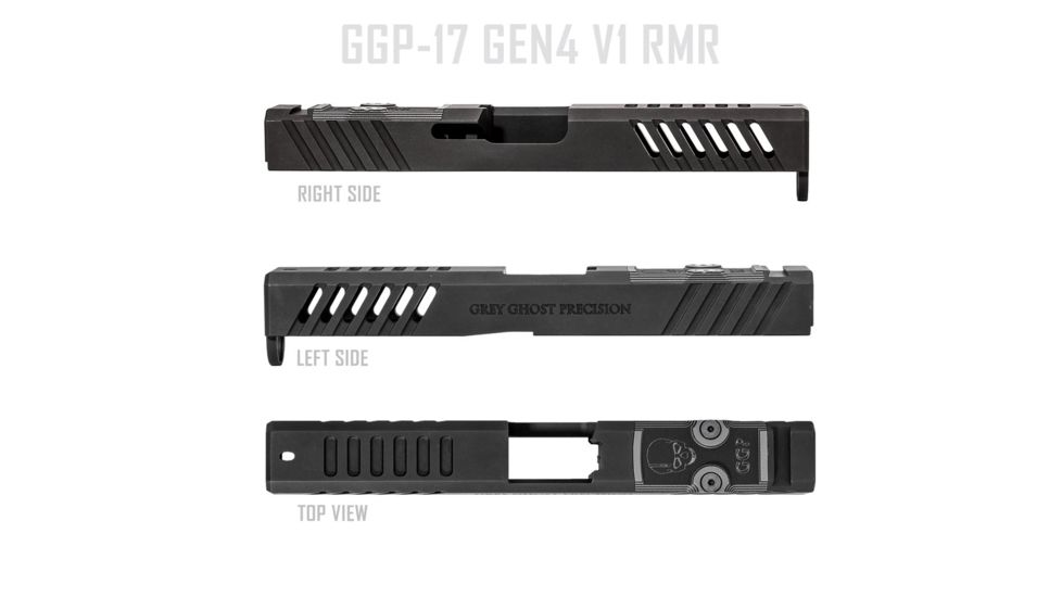 Grey Ghost Precision Glock 17 Gen4 Stripped Slide, RMR Cut, Version 1 - Angled Serration Pattern, 17-4 SS, Black, GGP-17-4-RMR