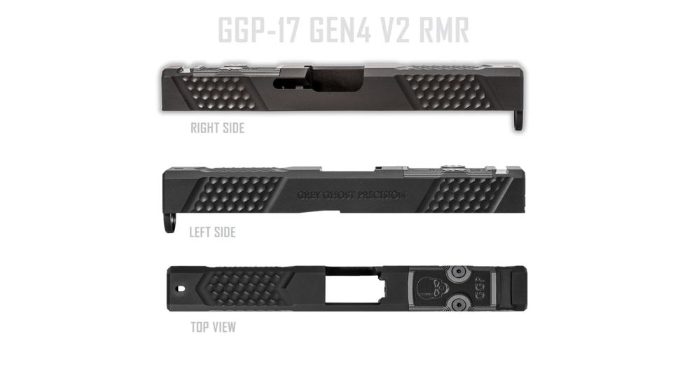 Grey Ghost Precision Glock 17 Gen4 Stripped Slide, RMR Cut, Version 2 - Diamond Checkering Pattern, 17-4 SS, Black, GGP-17-4-RMR-2
