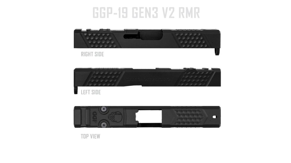 Grey Ghost Precision Glock 19 Gen3 Stripped Slide, RMR Cut, Version 2 - Diamond Checkering Pattern, 17-4 SS, Black, GGP-19-3-RMR-2