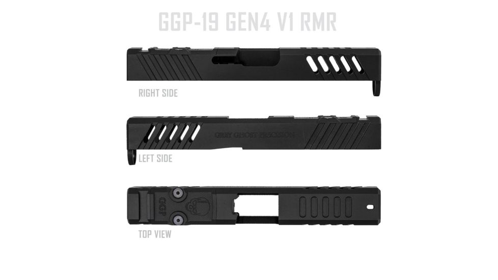 Grey Ghost Precision Glock 19 Gen4 Stripped Slide, RMR Cut, Version 1 - Angled Serration Pattern, 17-4 SS, Black, GGP-19-4-RMR